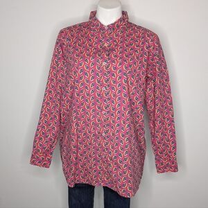 Rock Flower Paper Pink Blue Yellow Long Sleeve Cotton Button Up L